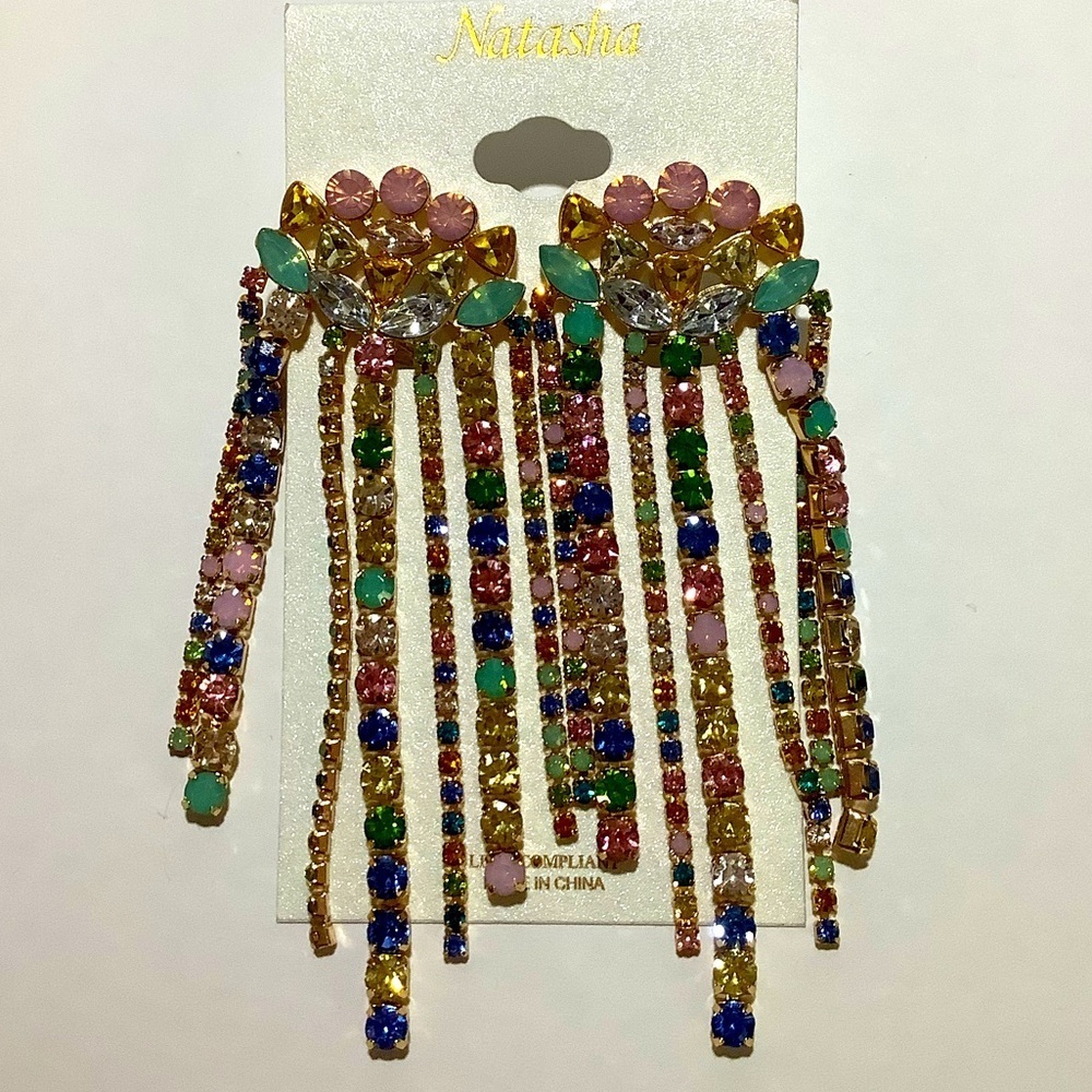 Natasha Multicolor Crystal Waterfall Drop Earrings New